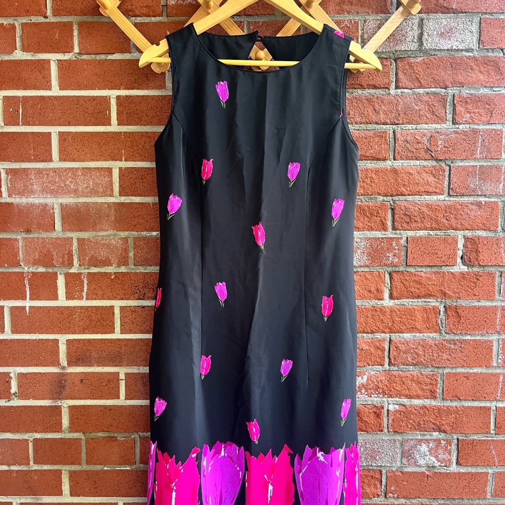 Vintage Sleeveless Black Dress with Tulips Pattern Made in Canada